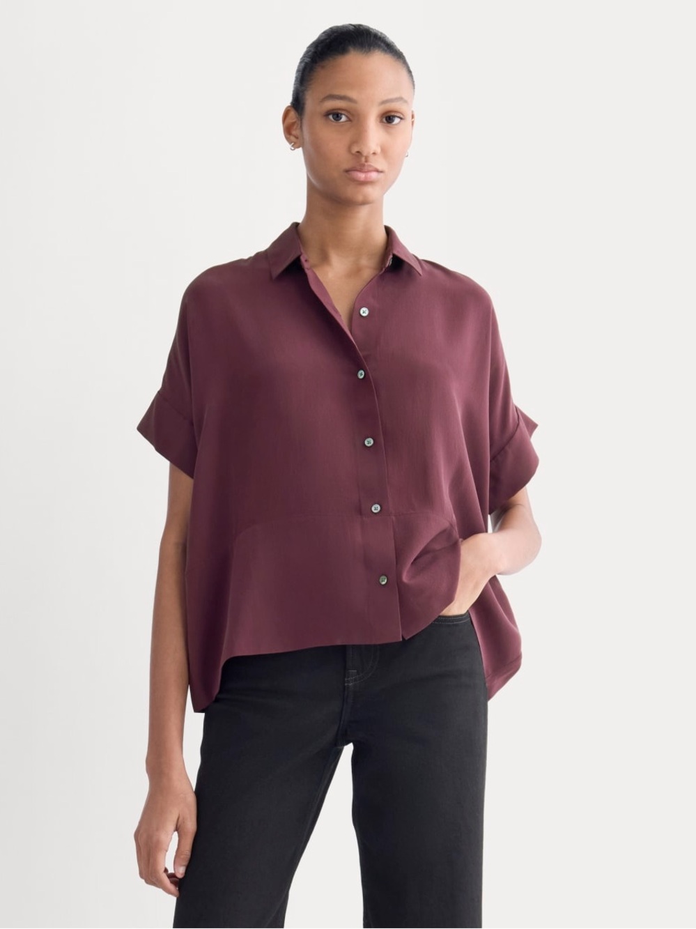 Everlane The Boxy Shirt in Washable Silk Blouse Deep Plum Burgundy Size 2 NWOT